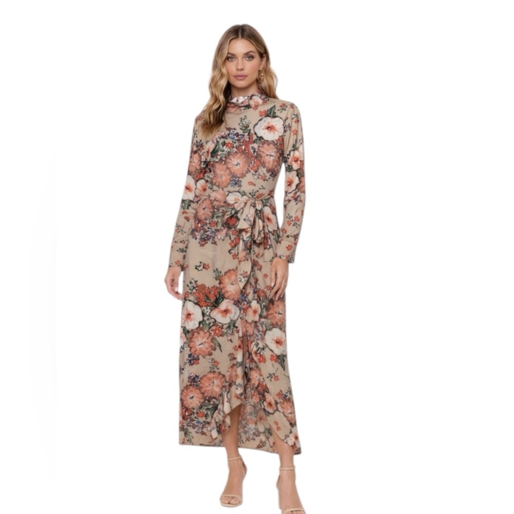 Nasty Gal Floral Midi Dress Mock Neck Tie Front Size US 8 NWT